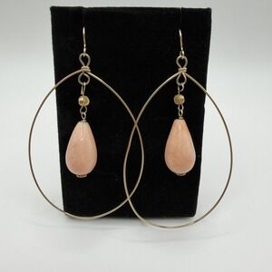 Vintage 14K GF Gold Filled Pink Opal Teardrop Wire Hoop Dangle Earrings